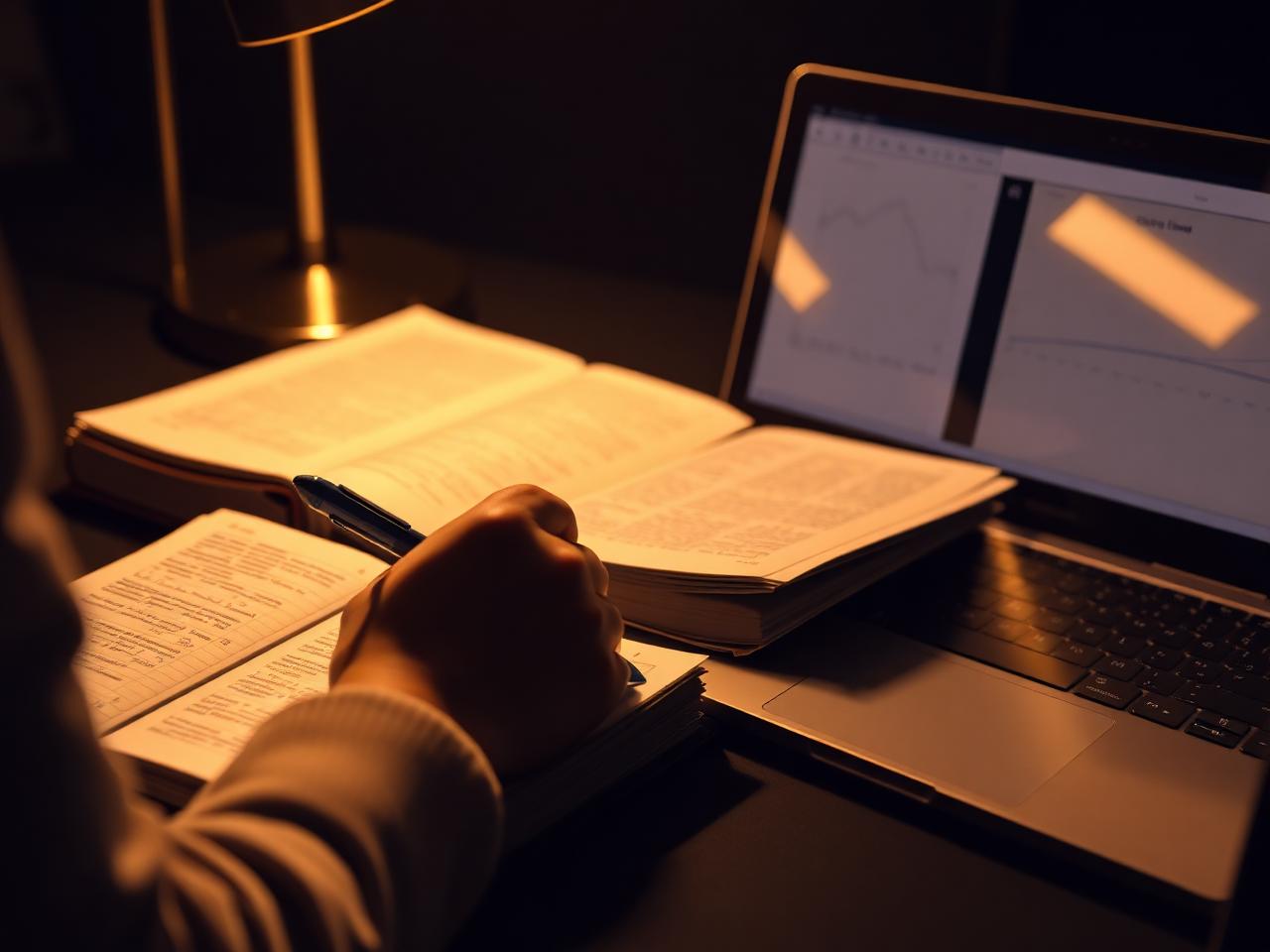 Student studying with notes and laptop