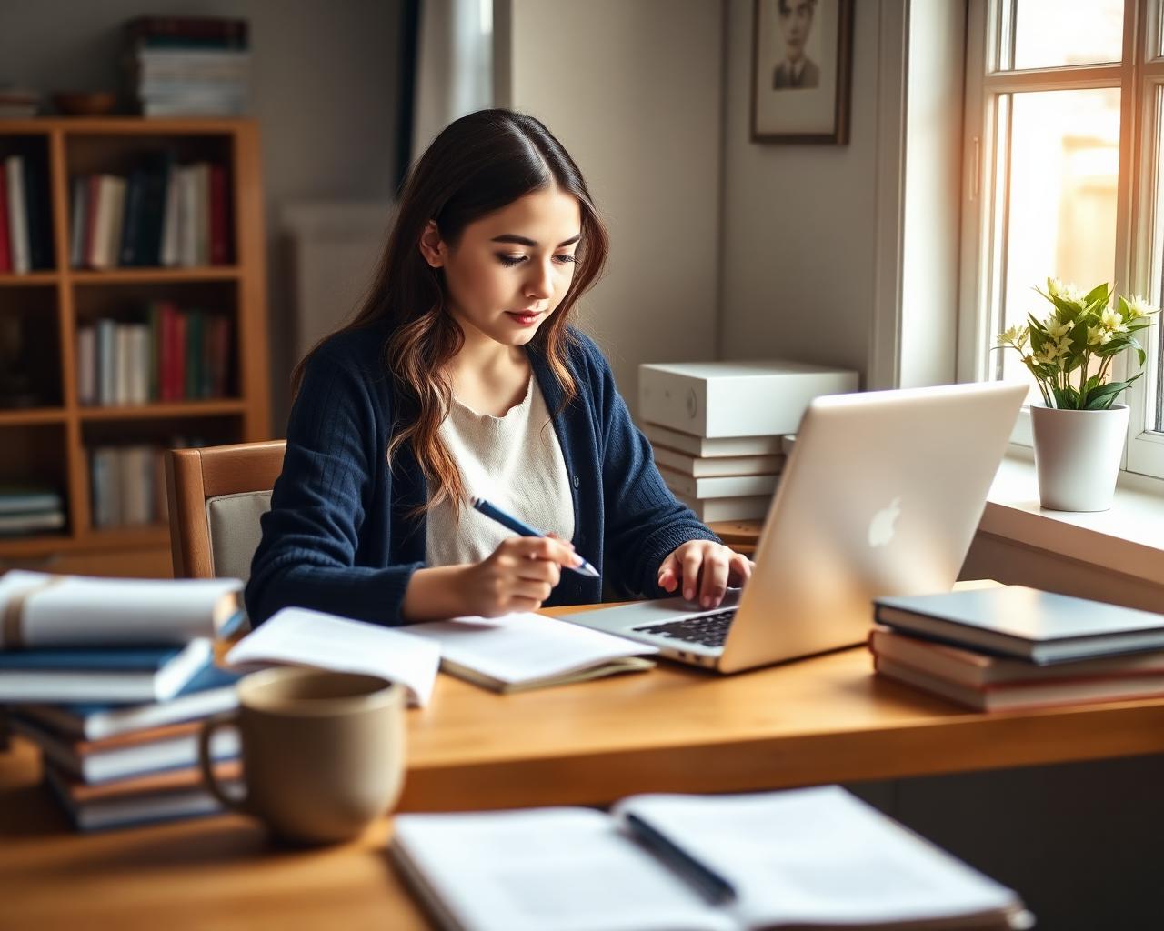 Student studying at home with laptop and notes