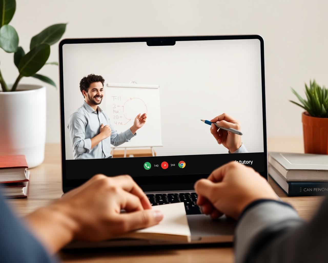 Online tutoring session on a laptop with student taking notes